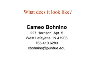 What does it look like? Cameo Bohnino 227 Harrison, Apt. 5 West Lafayette, IN 47906 765.410.6283 [email_address] 