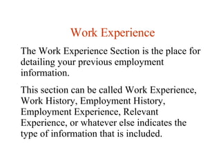 Work Experience The Work Experience Section is the place for detailing your previous employment information.  This section can be called Work Experience, Work History, Employment History, Employment Experience, Relevant Experience, or whatever else indicates the type of information that is included.  