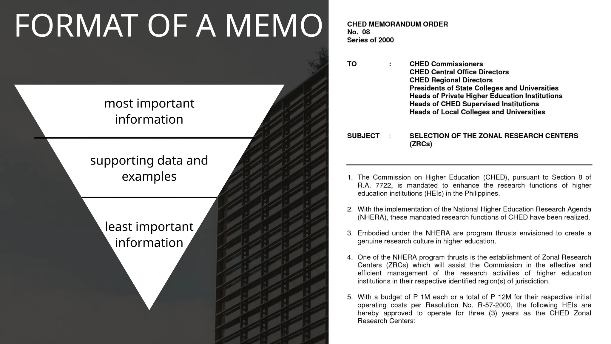 FORMAT OF A MEMO
most important
information
supporting data and
examples
least important
information
 