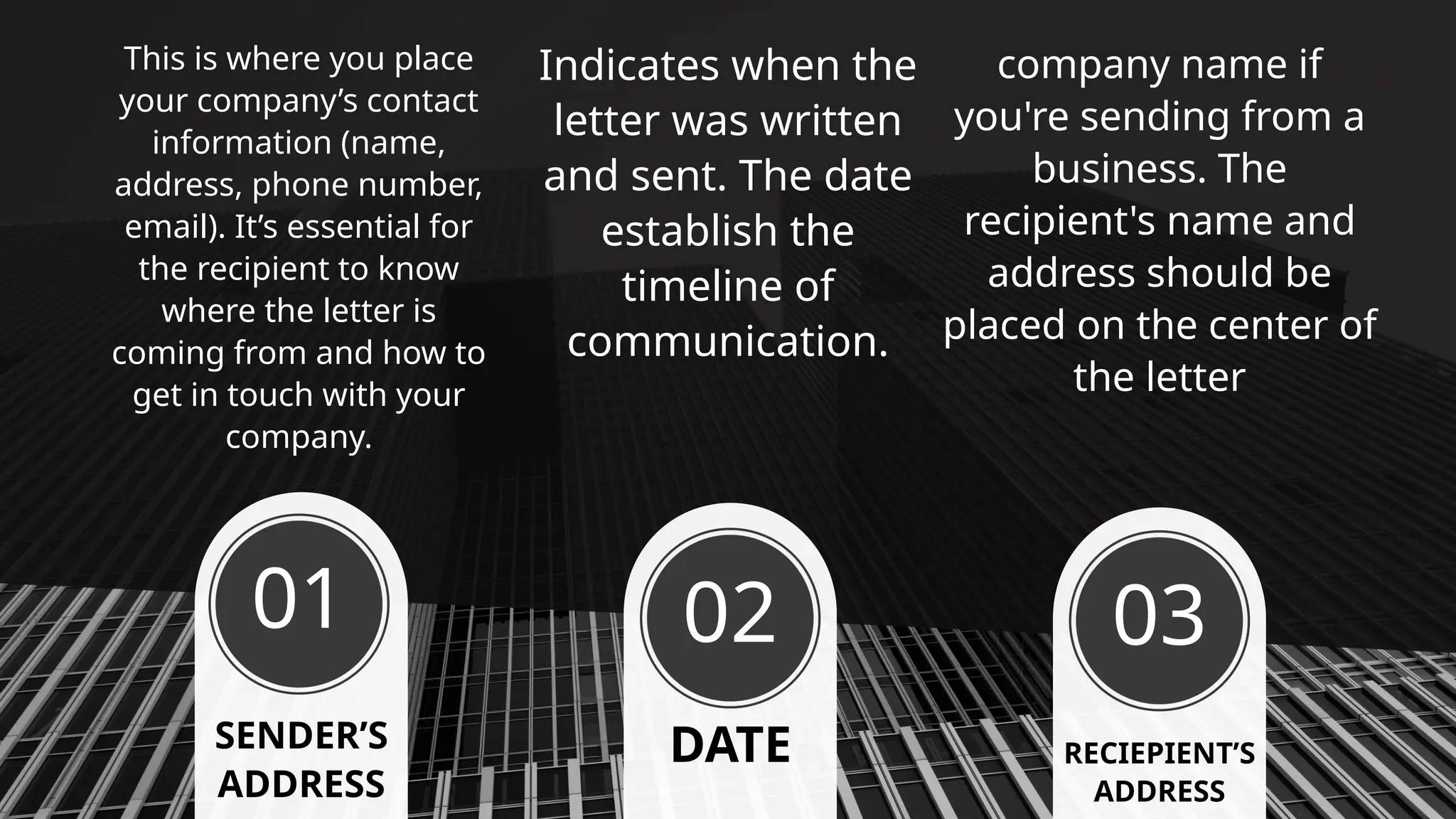 01 02 03
SENDER’S
ADDRESS
DATE RECIEPIENT’S
ADDRESS
This is where you place
your company’s contact
information (name,
address, phone number,
email). It’s essential for
the recipient to know
where the letter is
coming from and how to
get in touch with your
company.
Indicates when the
letter was written
and sent. The date
establish the
timeline of
communication.
company name if
you're sending from a
business. The
recipient's name and
address should be
placed on the center of
the letter
 