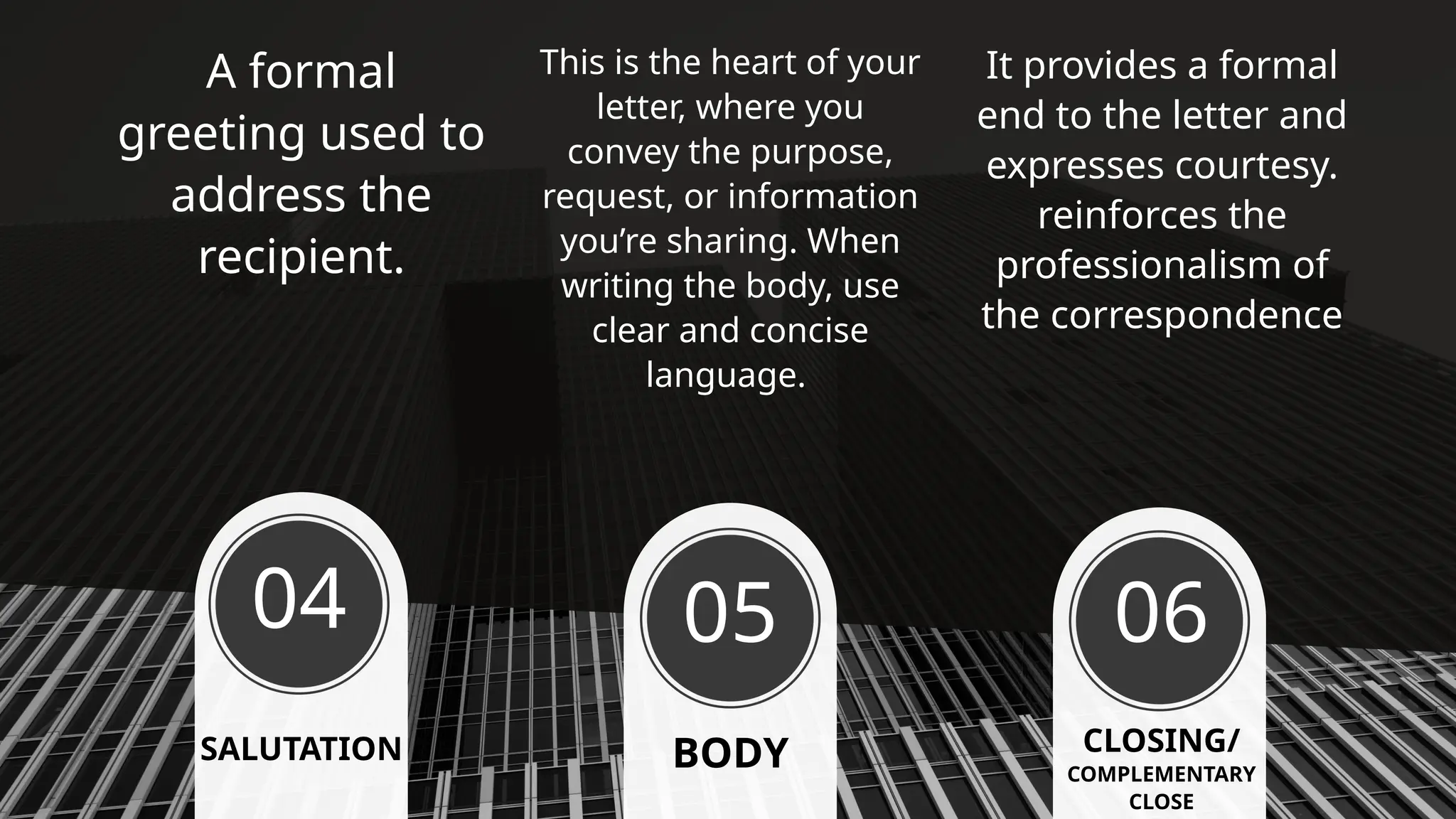 04 05 06
SALUTATION BODY CLOSING/
COMPLEMENTARY
CLOSE
A formal
greeting used to
address the
recipient.
This is the heart of your
letter, where you
convey the purpose,
request, or information
you’re sharing. When
writing the body, use
clear and concise
language.
It provides a formal
end to the letter and
expresses courtesy.
reinforces the
professionalism of
the correspondence
 
