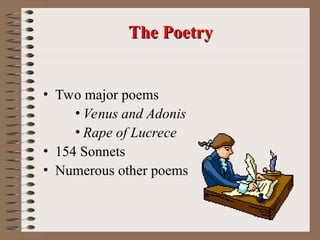 • Two major poems
• Venus and Adonis
• Rape of Lucrece
• 154 Sonnets
• Numerous other poems
The Poetry
The Poetry
 