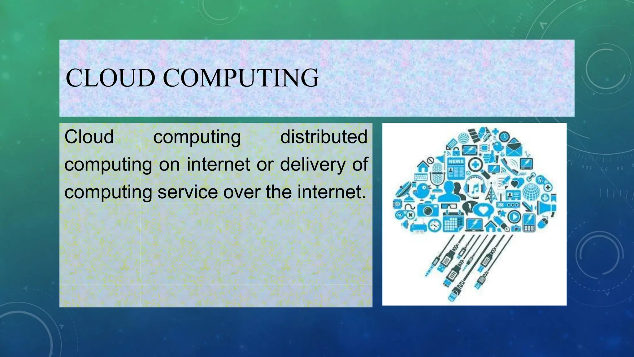 CLOUD COMPUTING
Cloud computing distributed
computing on internet or delivery of
computing service over the internet.
 