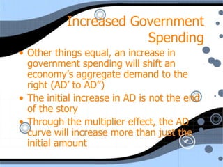 Increased Government
                       Spending
• Other things equal, an increase in
  government spending will shift an
  economy’s aggregate demand to the
  right (AD’ to AD”)
• The initial increase in AD is not the end
  of the story
• Through the multiplier effect, the AD
  curve will increase more than just the
  initial amount
 