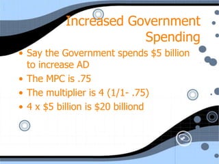 Increased Government
                      Spending
• Say the Government spends $5 billion
  to increase AD
• The MPC is .75
• The multiplier is 4 (1/1- .75)
• 4 x $5 billion is $20 billiond
 