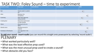 TASK TWO: Foley Sound – time to experiment
Sounds to create Props used Least effective Most effective MP3
Rain Sesame seeds in a plastic
pot
Wind Blowing in the
microphone
Scratching Paper back vigorously
being scratched
Creaking door Plastic foot stand moved
to make squeaky
Waves Blowing into the mic
lightly
Ghostly voices Whistling reversed in
audacity
Footsteps on floorboards Just a egg timer in the
house
Ticking clock
• What worked particularly well?
• What was the least effective prop used?
• What was the most unusual prop used to create a sound?
• What obstacles did you face?
PLENARY
To add your sound - insert>audio (you can record this straight onto powerpoint by selecting ‘record audio’)
 