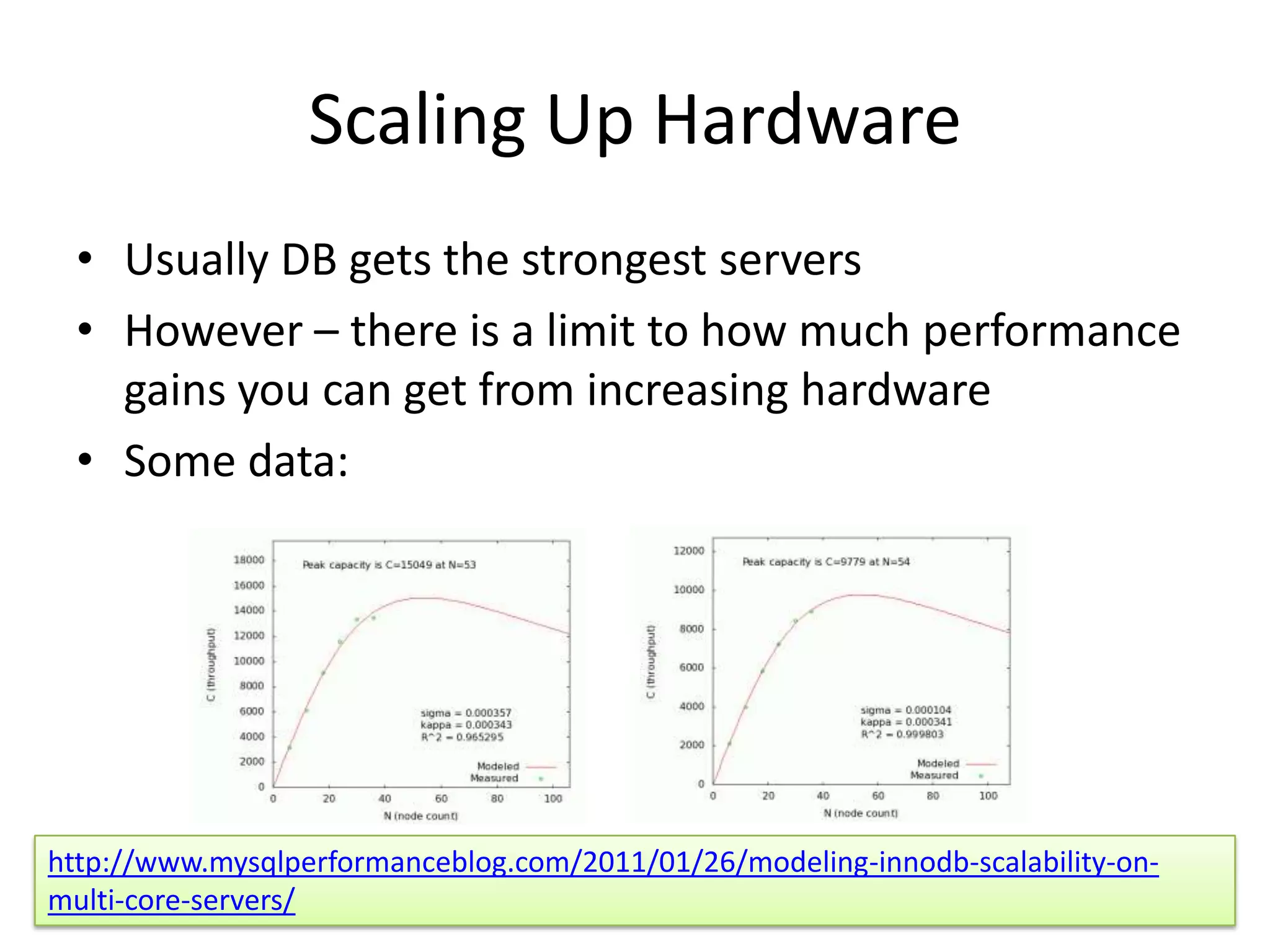 Scaling Up Hardware
  • Usually DB gets the strongest servers
  • However – there is a limit to how much performance
    gains you can get from increasing hardware
  • Some data:




http://www.mysqlperformanceblog.com/2011/01/26/modeling-innodb-scalability-on-
multi-core-servers/
 
