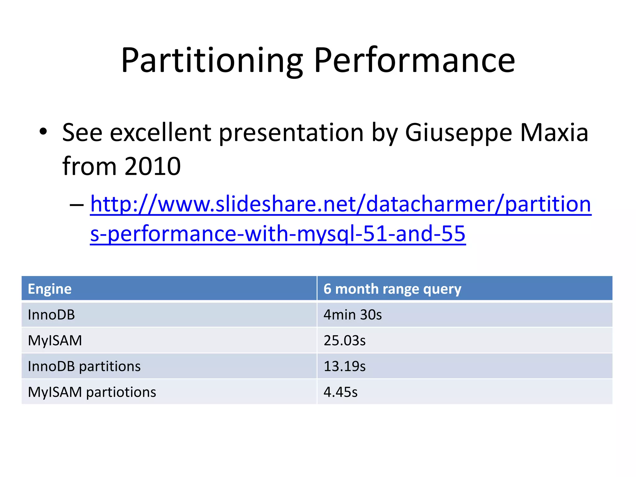 Partitioning Performance
 • See excellent presentation by Giuseppe Maxia
   from 2010
      – http://www.slideshare.net/datacharmer/partition
        s-performance-with-mysql-51-and-55

Engine                       6 month range query
InnoDB                       4min 30s
MyISAM                       25.03s
InnoDB partitions            13.19s
MyISAM partiotions           4.45s
 