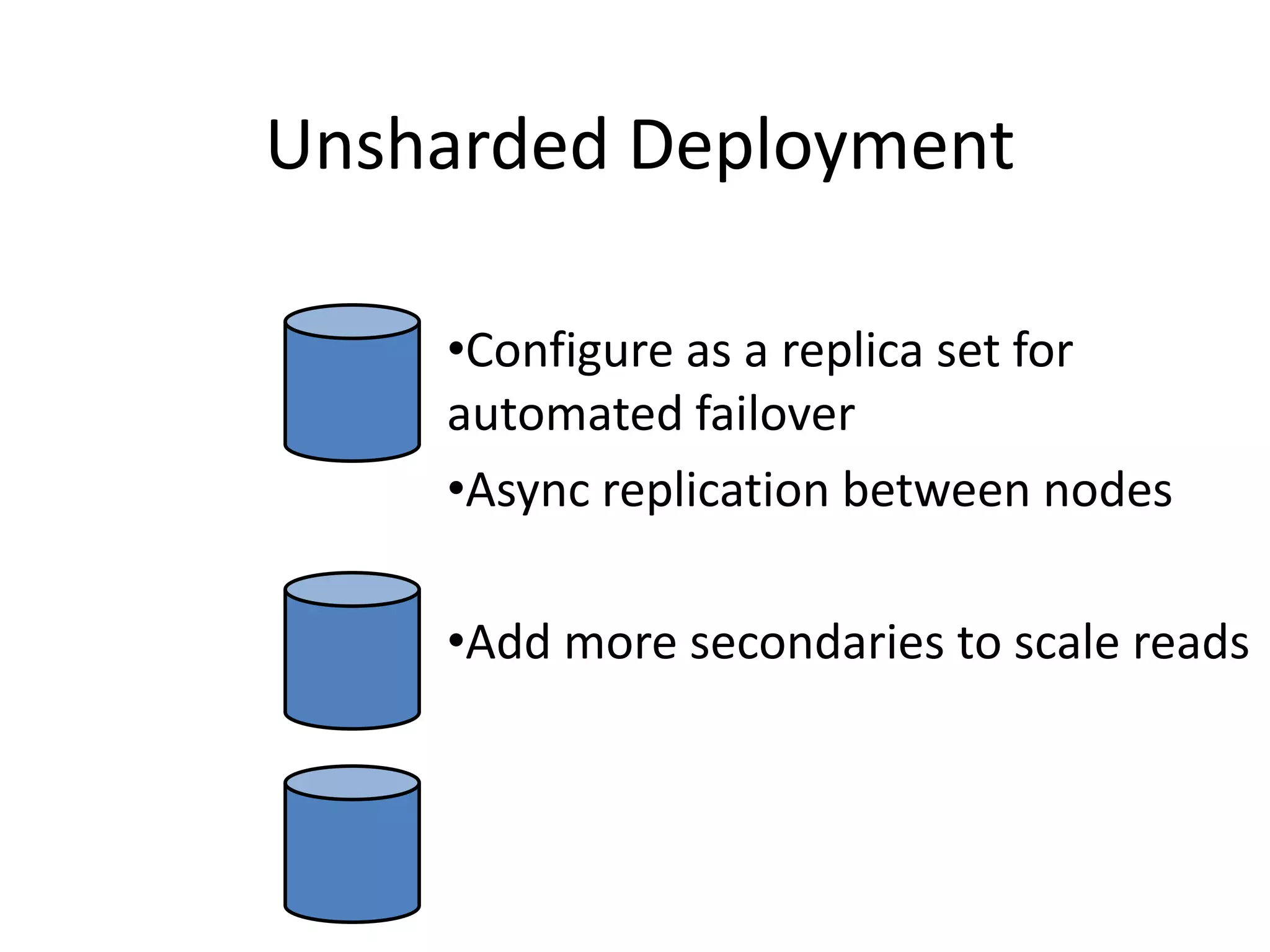 Unsharded Deployment

                •Configure as a replica set for
Primary
                automated failover
                •Async replication between nodes

Secondary       •Add more secondaries to scale reads


Secondary
 