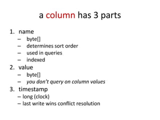 a column has 3 parts
1. name
  –   byte[]
  –   determines sort order
  –   used in queries
  –   indexed
2. value
  –   byte[]
  –   you don’t query on column values
3. timestamp
  – long (clock)
  – last write wins conflict resolution
 