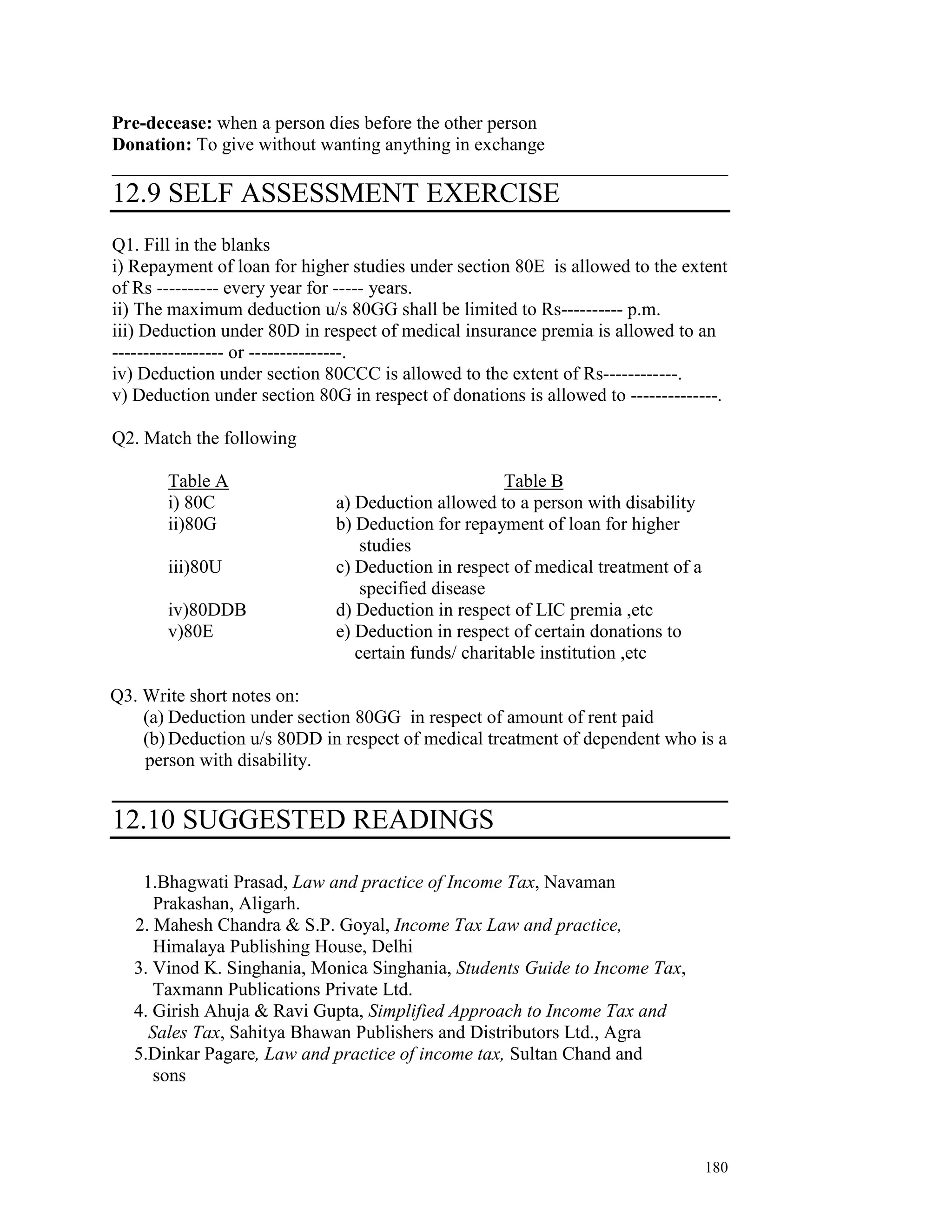 Pre-decease: when a person dies before the other person
Donation: To give without wanting anything in exchange
__________________________________________________________________
12.9 SELF ASSESSMENT EXERCISE
Q1. Fill in the blanks
i) Repayment of loan for higher studies under section 80E is allowed to the extent
of Rs ---------- every year for ----- years.
ii) The maximum deduction u/s 80GG shall be limited to Rs---------- p.m.
iii) Deduction under 80D in respect of medical insurance premia is allowed to an
------------------ or ---------------.
iv) Deduction under section 80CCC is allowed to the extent of Rs------------.
v) Deduction under section 80G in respect of donations is allowed to --------------.

Q2. Match the following

       Table A                                        Table B
       i) 80C                 a) Deduction allowed to a person with disability
       ii)80G                 b) Deduction for repayment of loan for higher
                                  studies
       iii)80U                c) Deduction in respect of medical treatment of a
                                  specified disease
       iv)80DDB               d) Deduction in respect of LIC premia ,etc
       v)80E                  e) Deduction in respect of certain donations to
                                 certain funds/ charitable institution ,etc

Q3. Write short notes on:
    (a) Deduction under section 80GG in respect of amount of rent paid
    (b) Deduction u/s 80DD in respect of medical treatment of dependent who is a
    person with disability.
____________________________________________
12.10 SUGGESTED READINGS

    1.Bhagwati Prasad, Law and practice of Income Tax, Navaman
      Prakashan, Aligarh.
   2. Mahesh Chandra & S.P. Goyal, Income Tax Law and practice,
      Himalaya Publishing House, Delhi
   3. Vinod K. Singhania, Monica Singhania, Students Guide to Income Tax,
      Taxmann Publications Private Ltd.
   4. Girish Ahuja & Ravi Gupta, Simplified Approach to Income Tax and
     Sales Tax, Sahitya Bhawan Publishers and Distributors Ltd., Agra
   5.Dinkar Pagare, Law and practice of income tax, Sultan Chand and
      sons



                                                                                  180
 