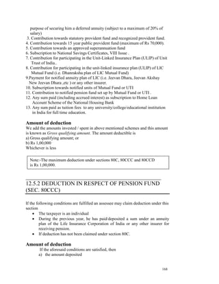 purpose of securing him a deferred annuity (subject to a maximum of 20% of
   salary)
3. Contribution towards statutory provident fund and recognized provident fund.
4. Contribution towards 15 year public provident fund (maximum of Rs 70,000).
5. Contribution towards an approved superannuation fund
6. Subscription to National Savings Certificates, VIII Issue .
7. Contribution for participating in the Unit-Linked Insurance Plan (ULIP) of Unit
    Trust of India..
8. Contribution for participating in the unit-linked insurance plan (ULIP) of LIC
    Mutual Fund (i.e. Dhanraksha plan of LIC Mutual Fund)
9.Payment for notified annuity plan of LIC (i.e. Jeevan Dhara, Jeevan Akshay
  New Jeevan Dhara ,etc ) or any other insurer.
10. Subscription towards notified units of Mutual Fund or UTI
11. Contribution to notified pension fund set up by Mutual Fund or UTI .
12. Any sum paid (including accrued interest) as subscription to Home Loan
    Account Scheme of the National Housing Bank
13. Any sum paid as tuition fees to any university/college/educational institution
    in India for full time education.

Amount of deduction
We add the amounts invested / spent in above mentioned schemes and this amount
is known as Gross qualifying amount. The amount deductible is
a) Gross qualifying amount; or
b) Rs 1,00,000
Whichever is less

  Note:-The maximum deduction under sections 80C, 80CCC and 80CCD
  is Rs 1,00,000.

__________________________________________
12.5.2 DEDUCTION IN RESPECT OF PENSION FUND
(SEC. 80CCC)

If the following conditions are fulfilled an assessee may claim deduction under this
section
     • The taxpayer is an individual
     • During the previous year, he has paid/deposited a sum under an annuity
         plan of the Life Insurance Corporation of India or any other insurer for
         receiving pension.
     • If deduction has not been claimed under section 80C.

Amount of deduction
        If the aforesaid conditions are satisfied, then
       a) the amount deposited


                                                                               168
 
