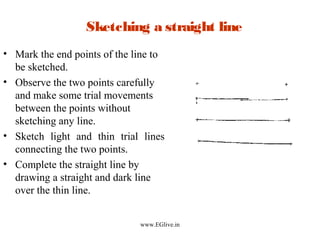 Sketching a straight line
• Mark the end points of the line to
be sketched.
• Observe the two points carefully
and make some trial movements
between the points without
sketching any line.
• Sketch light and thin trial lines
connecting the two points.
• Complete the straight line by
drawing a straight and dark line
over the thin line.
www.EGlive.in

 