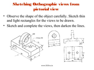 Sketching Orthographic views from
pictorial view
• Observe the shape of the object carefully. Sketch thin
and light rectangles for the views to be drawn.
• Sketch and complete the views, then darken the lines.

www.EGlive.in

 