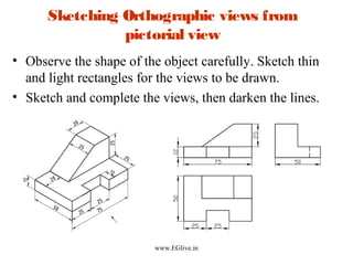 Sketching Orthographic views from
pictorial view
• Observe the shape of the object carefully. Sketch thin
and light rectangles for the views to be drawn.
• Sketch and complete the views, then darken the lines.

www.EGlive.in

 