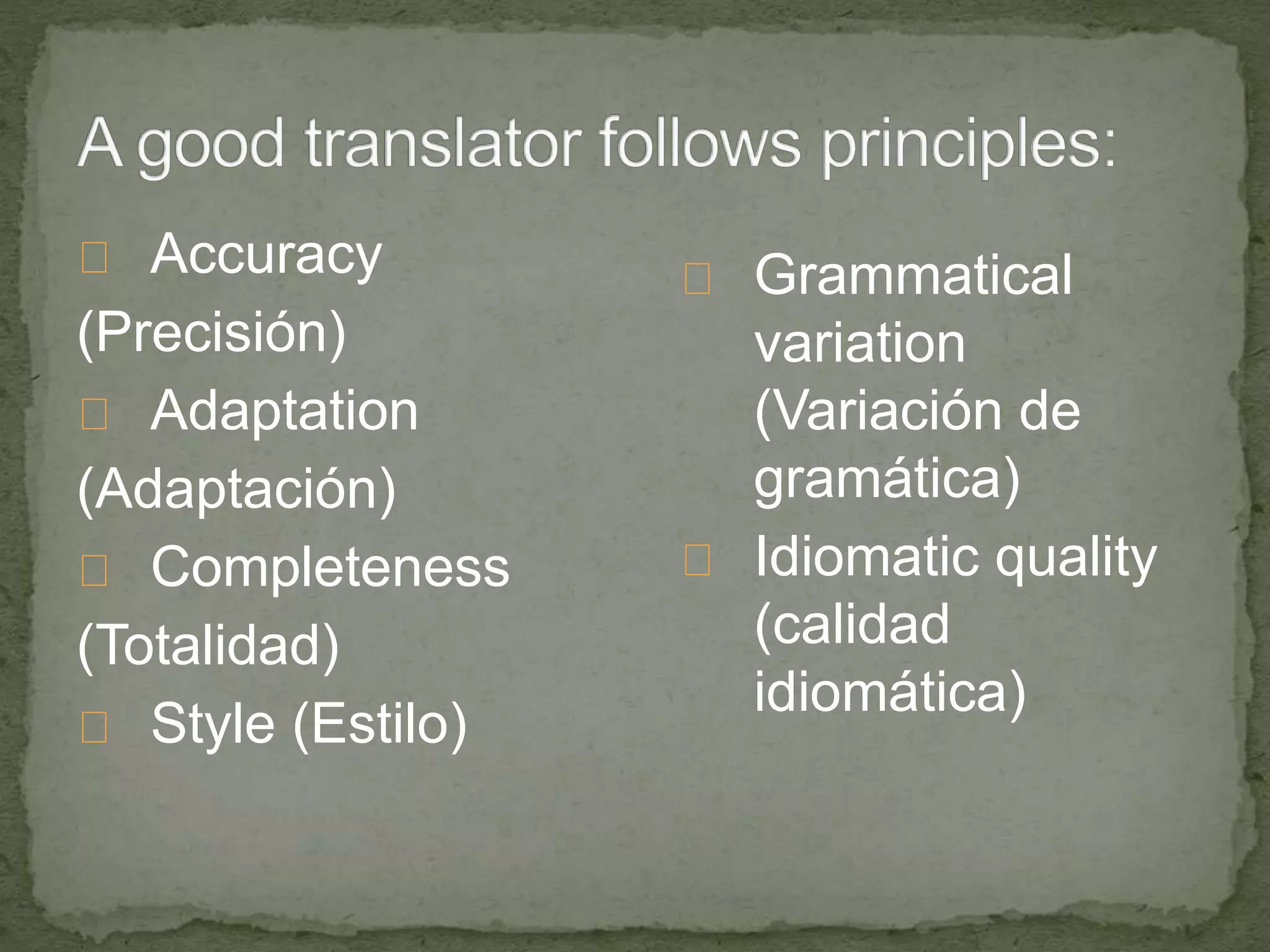 Accuracy
(Precisión)
Adaptation
(Adaptación)
Completeness
(Totalidad)
Style (Estilo)
Grammatical
variation
(Variación de
gramática)
Idiomatic quality
(calidad
idiomática)
 