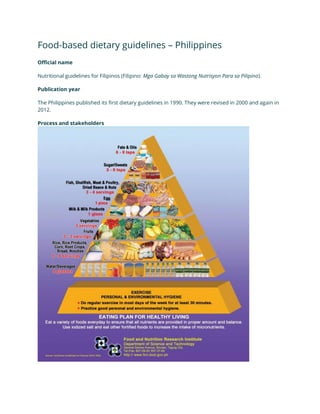 Food-based dietary guidelines – Philippines
Official name
Nutritional guidelines for Filipinos (Filipino: Mga Gabay sa Wastong Nutrisyon Para sa Pilipino).
Publication year
The Philippines published its first dietary guidelines in 1990. They were revised in 2000 and again in
2012.
Process and stakeholders
 