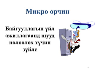 40
Байгууллагын үйл
ажиллагаанд шууд
нөлөөлөх хүчин
зүйлс
Микро орчин
 