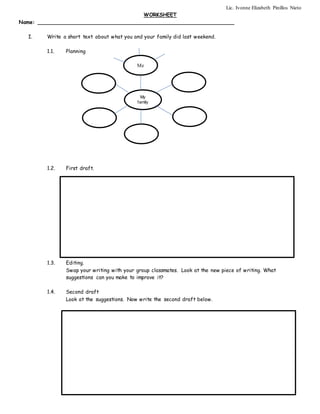 Lic. Ivonne Elizabeth Pinillos Nieto
WORKSHEET
Name: ____________________________________________________________
I. Write a short text about what you and your family did last weekend.
1.1. Planning
1.2. First draft.
1.3. Editing.
Swap your writing with your group classmates. Look at the new piece of writing. What
suggestions can you make to improve it?
1.4. Second draft
Look at the suggestions. Now write the second draft below.
My
family
Me
 
