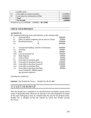 taxable asset)
11      Loan taken to acquire jewellery                                (1100000)
12      Loan taken for construction of flats                           (3000000)
        Total                                                          (4100000)
        Net Wealth                                                       3450000
Wealth tax @1% (3450000 – 1500000) = Rs 19500


CHECK YOUR PROGRESS

ACTIVITY D
Mr. Gupta has following assets and liabilities on the valuation date
   i)     Gold and Silver                                            4000000
   ii)    Share on Indian companies (not an asset u/s 2(ea))          200000
   iii)   Residential houses -       A                               3000000
   iv)                       -       B                               4000000

   v)      Commercial building used for own business               5000000
   vi)     Jewellary                                                200000
   vii)    Boat                                                     400000
   viii)   Cars for personal use                                   1200000
   ix)     Bank Deposits                                            100000
   x)      Cash in Hand                                             350000
   xi)     Loan taken to purchase gold                               500000
   xii)    Loan taken to purchase houses A                         1200000
   xiii)   Loan taken to purchase houses B                         2500000
   xiv)    Loan taken to purchase Boat                               300000
   xv)     Loan taken to purchase Jewellary                          800000
           (out of which Rs. 300000 used to
           pay personal expenses)

Calculate his wealth tax?

Solution: Net Wealth=Rs.51Lacs,      Wealth Tax=Rs.36, 000.


17.5 LET US SUM UP
Thus the Wealth Tax is charged on six specified assets (excluding exempt assets)
minus of deductible debts. However an assessee is not only chargeable in respect
of the assets belonging to him on valuation date but also for his deemed assets.
Wealth Tax is charged @1%of the amount by which Net Wealth exceeds
Rs.15Lacs




                                                                               220
 