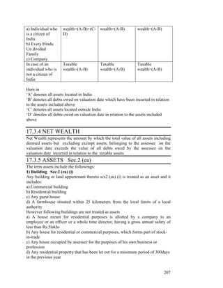a) Individual who    wealth=(A-B)+(C- wealth=(A-B)              wealth=(A-B)
is a citizen of      D)
India
b) Every Hindu
Un divided
Family
c) Company
In case of an        Taxable               Taxable              Taxable
individual who is    wealth=(A-B)          wealth=(A-B)         wealth=(A-B)
not a citizen of
India

Here in
‘A’ denotes all assets located in India
‘B’ denotes all debts owed on valuation date which have been incurred in relation
to the assets included above
‘C’ denotes all assets located outside India
‘D’ denotes all debts owed on valuation date in relation to the assets included
above

17.3.4 NET WEALTH
Net Wealth represents the amount by which the total value of all assets including
deemed assets but excluding exempt assets, belonging to the assessee on the
valuation date exceeds the value of all debts owed by the assessee on the
valuation date incurred in relation to the taxable assets.
17.3.5 ASSETS Sec.2 (ea)
The term assets include the followings:
1) Building Sec.2 (ea) (i)
Any building or land appurtenant thereto u/s2 (ea) (i) is treated as an asset and it
includes:
a) Commercial building
b) Residential building
c) Any guest house
d) A farmhouse situated within 25 kilometers from the local limits of a local
authority
However following buildings are not treated as assets
a) A house meant for residential purposes is allotted by a company to an
employee or an officer or a whole time director, having a gross annual salary of
less than Rs.5lakhs
b) Any house for residential or commercial purposes, which forms part of stock-
in-trade
c) Any house occupied by assessee for the purposes of his own business or
profession
d) Any residential property that has been let out for a minimum period of 300days
in the previous year


                                                                                207
 
