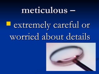 meticulous –  extremely careful or worried about details 
