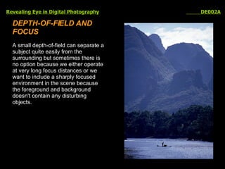 Revealing Eye in Digital Photography   DE002A DEPTH-OF-FIELD AND FOCUS A small depth-of-field can separate a subject quite easily from the surrounding but sometimes there is no option because we either operate at very long focus distances or we want to include a sharply focused environment in the scene because the foreground and background doesn't contain any disturbing objects.  