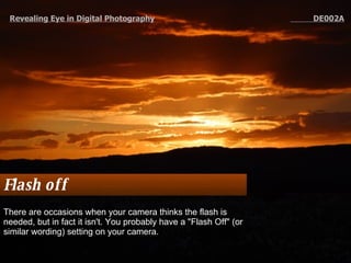 Flash off There are occasions when your camera thinks the flash is needed, but in fact it isn't. You probably have a "Flash Off" (or similar wording) setting on your camera.  Revealing Eye in Digital Photography   DE002A 