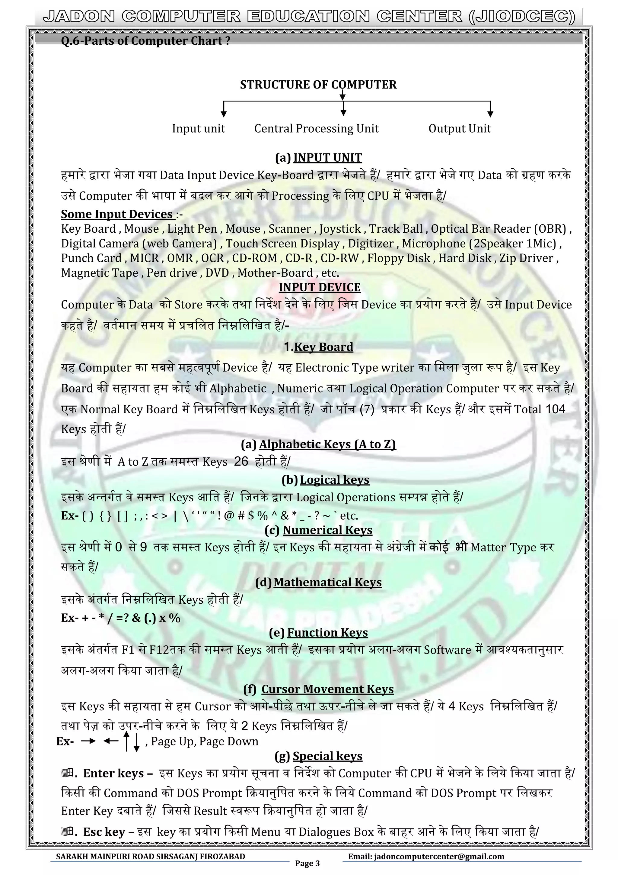 SARAKH MAINPURI ROAD SIRSAGANJ FIROZABAD
Page 3
Email: jadoncomputercenter@gmail.com
Q.6-Parts of Computer Chart ?
STRUCTURE OF COMPUTER
Input unit Central Processing Unit Output Unit
(a) INPUT UNIT
हमारे द्वारा भेजा गया Data Input Device Key-Board द्वारा भेजते हैं/ हमारे द्वारा भेजे गए Data को ग्रहण करके
ईसे Computer की भाषा में बदल कर अगे को Processing के मलए CPU में भेजता है/
Some Input Devices :-
Key Board , Mouse , Light Pen , Mouse , Scanner , Joystick , Track Ball , Optical Bar Reader (OBR) ,
Digital Camera (web Camera) , Touch Screen Display , Digitizer , Microphone (2Speaker 1Mic) ,
Punch Card , MICR , OMR , OCR , CD-ROM , CD-R , CD-RW , Floppy Disk , Hard Disk , Zip Driver ,
Magnetic Tape , Pen drive , DVD , Mother-Board , etc.
INPUT DEVICE
Computer के Data को Store करके तथा मनदेश देने के मलए मजस Device का प्रयोग करते है/ ईसे Input Device
कहते है/ वतथमान समय में प्रचमलत मनम्नमलमखत है/-
1.Key Board
यह Computer का सबसे महत्वपूणथ Device है/ यह Electronic Type writer का ममला जुला रूप है/ आस Key
Board की सहायता हम कोइ भी Alphabetic , Numeric तथा Logical Operation Computer पर कर सकते है/
एक Normal Key Board में मनम्नमलमखत Keys होती हैं/ जो पॉच (7) प्रकार की Keys हैं/ और आसमें Total 104
Keys होती हैं/
(a) Alphabetic Keys (A to Z)
आस श्रेणी में A to Z तक समस्त Keys 26 होती हैं/
(b)Logical keys
आसके ऄन्त्तगथत वे समस्त Keys अमत हैं/ मजनके द्वारा Logical Operations सम्पपन्न होते हैं/
Ex- ( ) { } [ ] ; , : < > |  ‘ ‘ “ “ ! @ # $ % ^ & * _ - ? ~ ` etc.
(c) Numerical Keys
आस श्रेणी में 0 से 9 तक समस्त Keys होती हैं/ आन Keys की सहायता से ऄंग्रेजी में कोई बी Matter Type कर
सकते हैं/
(d)Mathematical Keys
आसके ऄंतगथत मनम्नमलमखत Keys होती हैं/
Ex- + - * / =? & (.) x %
(e) Function Keys
आसके ऄंतगथत F1 से F12तक की समस्त Keys अती हैं/ आसका प्रयोग ऄलग-ऄलग Software में अवश्यकतानुसार
ऄलग-ऄलग ककया जाता है/
(f) Cursor Movement Keys
आस Keys की सहायता से हम Cursor को अगे-पीछे तथा उपर-नीचे ले जा सकते हैं/ ये 4 Keys मनम्नमलमखत हैं/
तथा पेज़ को ईपर-नीचे करने के मलए ये 2 Keys मनम्नमलमखत हैं/
Ex- , Page Up, Page Down
(g) Special keys
. Enter keys – आस Keys का प्रयोग सूचना व मनदेश को Computer की CPU में भेजने के मलये ककया जाता है/
ककसी की Command को DOS Prompt कियानुमपत करने के मलये Command को DOS Prompt पर मलखकर
Enter Key दबाते हैं/ मजससे Result स्वरूप कियानुमपत हो जाता है/
. Esc key – आस key का प्रयोग ककसी Menu या Dialogues Box के बाहर अने के मलए ककया जाता है/
 