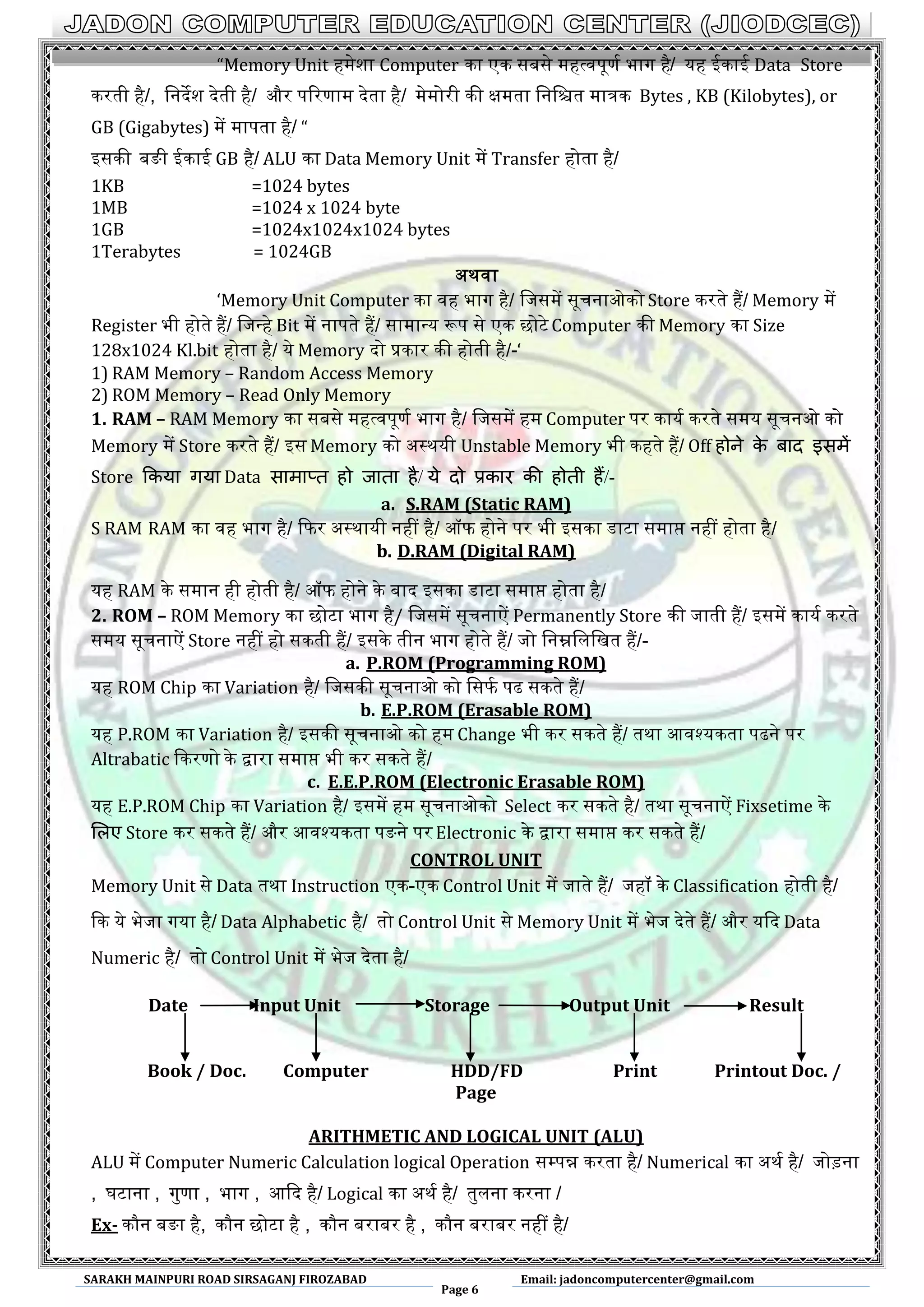 SARAKH MAINPURI ROAD SIRSAGANJ FIROZABAD
Page 6
Email: jadoncomputercenter@gmail.com
“Memory Unit हमेशा Computer का एक सबसे महत्वपूणथ भाग है/ यह इकाइ Data Store
करती है/, मनदेश देती है/ और पररणाम देता है/ मेमोरी की क्षमता मनमित मारक Bytes , KB (Kilobytes), or
GB (Gigabytes) में मापता है/ “
आसकी बङी इकाइ GB है/ ALU का Data Memory Unit में Transfer होता है/
1KB =1024 bytes
1MB =1024 x 1024 byte
1GB =1024x1024x1024 bytes
1Terabytes = 1024GB
ऄथवा
‘Memory Unit Computer का वह भाग है/ मजसमें सूचनाओको Store करते हैं/ Memory में
Register भी होते हैं/ मजन्त्हे Bit में नापते हैं/ सामान्त्य रूप से एक छोटे Computer की Memory का Size
128x1024 Kl.bit होता है/ ये Memory दो प्रकार की होती है/-‘
1) RAM Memory – Random Access Memory
2) ROM Memory – Read Only Memory
1. RAM – RAM Memory का सबसे महत्वपूणथ भाग है/ मजसमें हम Computer पर कायथ करते समय सूचनओ को
Memory में Store करते हैं/ आस Memory को ऄस्थयी Unstable Memory भी कहते हैं/ Off होने के फाद इसभें
Store ककमा गमा Data साभाप्त हो जाता है/ मे दो प्रकाय की होती हैं/-
a. S.RAM (Static RAM)
S RAM RAM का वह भाग है/ किर ऄस्थायी नहीं है/ ऑि होने पर भी आसका डाटा समाप्त नहीं होता है/
b. D.RAM (Digital RAM)
यह RAM के समान ही होती है/ ऑि होने के बाद आसका डाटा समाप्त होता है/
2. ROM – ROM Memory का छोटा भाग है/ मजसमें सूचनाऐं Permanently Store की जाती हैं/ आसमें कायथ करते
समय सूचनाऐं Store नहीं हो सकती हैं/ आसके तीन भाग होते हैं/ जो मनम्नमलमखत हैं/-
a. P.ROM (Programming ROM)
यह ROM Chip का Variation है/ मजसकी सूचनाओ को मसिथ पढ सकते हैं/
b. E.P.ROM (Erasable ROM)
यह P.ROM का Variation है/ आसकी सूचनाओ को हम Change भी कर सकते हैं/ तथा अवश्यकता पढने पर
Altrabatic ककरणो के द्वारा समाप्त भी कर सकते हैं/
c. E.E.P.ROM (Electronic Erasable ROM)
यह E.P.ROM Chip का Variation है/ आसमें हम सूचनाओको Select कर सकते है/ तथा सूचनाऐं Fixsetime के
लरए Store कर सकते हैं/ और अवश्यकता पङने पर Electronic के द्वारा समाप्त कर सकते हैं/
CONTROL UNIT
Memory Unit से Data तथा Instruction एक-एक Control Unit में जाते हैं/ जहॉ के Classification होती है/
कक ये भेजा गया है/ Data Alphabetic है/ तो Control Unit से Memory Unit में भेज देते हैं/ और यकद Data
Numeric है/ तो Control Unit में भेज देता है/
Date Input Unit Storage Output Unit Result
Book / Doc. Computer HDD/FD Print Printout Doc. /
Page
ARITHMETIC AND LOGICAL UNIT (ALU)
ALU में Computer Numeric Calculation logical Operation सम्पपन्न करता है/ Numerical का ऄथथ है/ जोड़ना
, घटाना , गुणा , भाग , अकद है/ Logical का ऄथथ है/ तुलना करना /
Ex- कौन बङा है, कौन छोटा है , कौन बराबर है , कौन बराबर नहीं है/
 