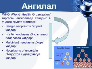 WHO /World Health Organization/
гаргасан ангилалаар хавдрыг 4
үндсэн группт ангилдаг.
• Bengin neoplasms /Хоргүй
хавдар/
• In situ neoplasms /Хэсэг газар
байрласан хавдар/
• Malginant neoplasms /Хорт
хадвар/
• Neoplasms of uncertain
/Тодорхой судлагдаагүй
хавдар/
 