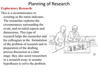 Planning of Research
Exploratory Research:
This is a reconnaissance or
scouting as the name indicates.
The researcher explores the
circumstances surrounding the
event, and revealed aspects and
dimensions. This type of
research helps the researcher and
his colleagues in the formulation
of the problem of research and in
preparation of the drafting
precise discussion at a later
stage. they also assist researchers
in a research essay to assume
hypotheses to solve the problem.
 