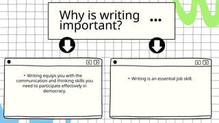 Why is writing
important?
• Writing equips you with the
communication and thinking skills you
need to participate effectively in
democracy.
• Writing is an essential job skill.
 