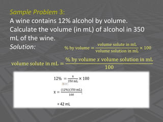 Sample Problem 3:
A wine contains 12% alcohol by volume.
Calculate the volume (in mL) of alcohol in 350
mL of the wine.
Solution: % by volume =
volume solute in mL
volume solution in mL
× 100
volume solute in mL =
% by volume 𝑥 volume solution in mL
100
 