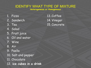 IDENTIFY WHAT TYPE OF MIXTURE
Heterogeneous or Homogeneous
1. Pizza
2. Sandwich
3. Tea
4. Salad
5. Fruit juice
6. Oil and water
7. Wine
8. Air
9. Paella
10. Salt and pepper
11. Chocolate
12. ice cubes in a drink
13. Coffee
14. Vinegar
15. Concrete
 