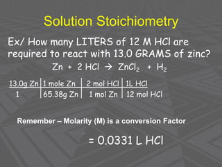 Solution Stoichiometry
Ex/ How many LITERS of 12 M HCl are
required to react with 13.0 GRAMS of zinc?
Zn + 2 HCl → ZnCl2 + H2
13.0g Zn 1 mole Zn 2 mol HCl 1L HCl
1 65.38g Zn 1 mol Zn 12 mol HCl
Remember – Molarity (M) is a conversion Factor
= 0.0331 L HCl
 