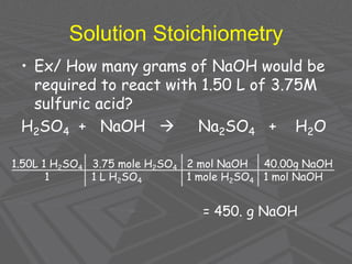 Solution Stoichiometry
• Ex/ How many grams of NaOH would be
required to react with 1.50 L of 3.75M
sulfuric acid?
H2SO4 + NaOH → Na2SO4 + H2O
1.50L 1 H2SO4 3.75 mole H2SO4 2 mol NaOH 40.00g NaOH
1 1 L H2SO4 1 mole H2SO4 1 mol NaOH
= 450. g NaOH
 