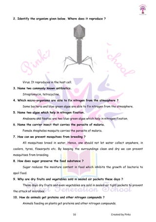 2. Identify the organism given below. Where does it reproduce ?
Virus. It reproduces in the host cell.
3. Name two commonly known antibiotics.
Streptomycin, tetracycline.
4. Which micro-organisms are able to fix nitrogen from the atmosphere ?
Some bacteria and blue-green algae are able to fix nitrogen from the atmosphere.
5. Name two algae which help in nitrogen fixation.
Anabaena and Nostoc are two blue
6. Name the carrier insect that carries the parasite of malaria.
Female Anopheles mosquito carries the parasite of malaria.
7. How can we prevent mosquitoes from breeding ?
All mosquitoes breed in water. Hence, one should not let water collect anywhere, in
coolers, tyres, flowerpots etc. By keeping the surroundings clean and dry we can prevent
mosquitoes from breeding.
8. How does sugar preserve the food substance ?
Sugar reduces the moisture
spoil food.
9. Why are dry fruits and vegetables sold in sealed air packets these days ?
These days dry fruits and even vegetables are sold in sealed air tight packets to prevent
the attack of microbes.
10. How do animals get proteins and other nitrogen compounds ?
Animals feeding on plants get proteins and other nitrogen compounds.
16 Created by Pinkz
2. Identify the organism given below. Where does it reproduce ?
Virus. It reproduces in the host cell.
3. Name two commonly known antibiotics.
Streptomycin, tetracycline.
organisms are able to fix nitrogen from the atmosphere ?
green algae are able to fix nitrogen from the atmosphere.
5. Name two algae which help in nitrogen fixation.
Anabaena and Nostoc are two blue-green algae which help in nitrogen fixation.
6. Name the carrier insect that carries the parasite of malaria.
Female Anopheles mosquito carries the parasite of malaria.
7. How can we prevent mosquitoes from breeding ?
n water. Hence, one should not let water collect anywhere, in
coolers, tyres, flowerpots etc. By keeping the surroundings clean and dry we can prevent
8. How does sugar preserve the food substance ?
Sugar reduces the moisture content in food which inhibits the growth of bacteria to
9. Why are dry fruits and vegetables sold in sealed air packets these days ?
These days dry fruits and even vegetables are sold in sealed air tight packets to prevent
10. How do animals get proteins and other nitrogen compounds ?
Animals feeding on plants get proteins and other nitrogen compounds.
Created by Pinkz
organisms are able to fix nitrogen from the atmosphere ?
green algae are able to fix nitrogen from the atmosphere.
green algae which help in nitrogen fixation.
n water. Hence, one should not let water collect anywhere, in
coolers, tyres, flowerpots etc. By keeping the surroundings clean and dry we can prevent
content in food which inhibits the growth of bacteria to
9. Why are dry fruits and vegetables sold in sealed air packets these days ?
These days dry fruits and even vegetables are sold in sealed air tight packets to prevent
Animals feeding on plants get proteins and other nitrogen compounds.
 