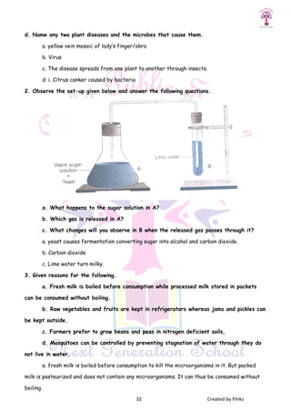 d. Name any two plant diseases and the microbes that cause them.
a. yellow vein mosaic of lady’s finger/okra
b. Virus
c. The disease spreads from one plant to another through insects.
d. i. Citrus canker caused by bacteria
2. Observe the set-up given below and answer the following questions.
a. What happens to the sugar solution in A?
b. Which gas is released i
c. What changes will you observe in B when the released gas passes through it?
a. yeast causes fermentation converting sugar into alcohol and carbon dioxide.
b. Carbon dioxide
c. Lime water turn milky.
3. Given reasons for the following.
a. Fresh milk is boiled before consumption while processed milk stored in packets
can be consumed without boiling.
b. Raw vegetables and fruits are kept in refrigerators whereas jams and pickles can
be kept outside.
c. Farmers prefer to grow beans and
d. Mosquitoes can be controlled by preventing stagnation of water through they do
not live in water.
a. fresh milk is boiled before consumption to kill the microorganisms in it. But packed
milk is pasteurized and does not contain any microorganisms. It can thus be consumed without
boiling.
32 Created by Pinkz
d. Name any two plant diseases and the microbes that cause them.
a. yellow vein mosaic of lady’s finger/okra
c. The disease spreads from one plant to another through insects.
d. i. Citrus canker caused by bacteria
up given below and answer the following questions.
a. What happens to the sugar solution in A?
b. Which gas is released in A?
c. What changes will you observe in B when the released gas passes through it?
a. yeast causes fermentation converting sugar into alcohol and carbon dioxide.
Given reasons for the following.
a. Fresh milk is boiled before consumption while processed milk stored in packets
can be consumed without boiling.
b. Raw vegetables and fruits are kept in refrigerators whereas jams and pickles can
c. Farmers prefer to grow beans and peas in nitrogen deficient soils,
d. Mosquitoes can be controlled by preventing stagnation of water through they do
a. fresh milk is boiled before consumption to kill the microorganisms in it. But packed
not contain any microorganisms. It can thus be consumed without
Created by Pinkz
up given below and answer the following questions.
c. What changes will you observe in B when the released gas passes through it?
a. yeast causes fermentation converting sugar into alcohol and carbon dioxide.
a. Fresh milk is boiled before consumption while processed milk stored in packets
b. Raw vegetables and fruits are kept in refrigerators whereas jams and pickles can
peas in nitrogen deficient soils,
d. Mosquitoes can be controlled by preventing stagnation of water through they do
a. fresh milk is boiled before consumption to kill the microorganisms in it. But packed
not contain any microorganisms. It can thus be consumed without
 