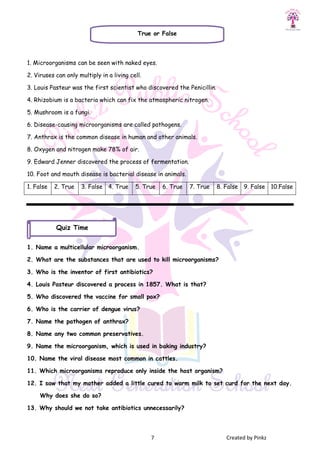 7 Created by Pinkz
1. Microorganisms can be seen with naked eyes.
2. Viruses can only multiply in a living cell.
3. Louis Pasteur was the first scientist who discovered the Penicillin.
4. Rhizobium is a bacteria which can fix the atmospheric nitrogen.
5. Mushroom is a fungi.
6. Disease-causing microorganisms are called pathogens.
7. Anthrax is the common disease in human and other animals.
8. Oxygen and nitrogen make 78% of air.
9. Edward Jenner discovered the process of fermentation.
10. Foot and mouth disease is bacterial disease in animals.
1. False 2. True 3. False 4. True 5. True 6. True 7. True 8. False 9. False 10.False
1. Name a multicellular microorganism.
2. What are the substances that are used to kill microorganisms?
3. Who is the inventor of first antibiotics?
4. Louis Pasteur discovered a process in 1857. What is that?
5. Who discovered the vaccine for small pox?
6. Who is the carrier of dengue virus?
7. Name the pathogen of anthrax?
8. Name any two common preservatives.
9. Name the microorganism, which is used in baking industry?
10. Name the viral disease most common in cattles.
11. Which microorganisms reproduce only inside the host organism?
12. I saw that my mother added a little cured to warm milk to set curd for the next day.
Why does she do so?
13. Why should we not take antibiotics unnecessarily?
True or False
Quiz Time
 