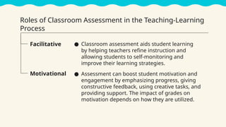 Roles of Classroom Assessment in the Teaching-Learning
Process
● Classroom assessment aids student learning
by helping teachers refine instruction and
allowing students to self-monitoring and
improve their learning strategies.
● Assessment can boost student motivation and
engagement by emphasizing progress, giving
constructive feedback, using creative tasks, and
providing support. The impact of grades on
motivation depends on how they are utilized.
Facilitative
Motivational
 