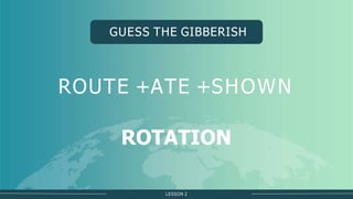 LESSON 2
GUESS THE GIBBERISH
ROUTE +ATE +SHOWN
ROTATION
 