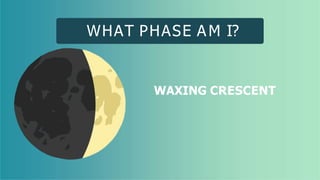 WHAT PHASE AM I?
WAXING CRESCENT
 