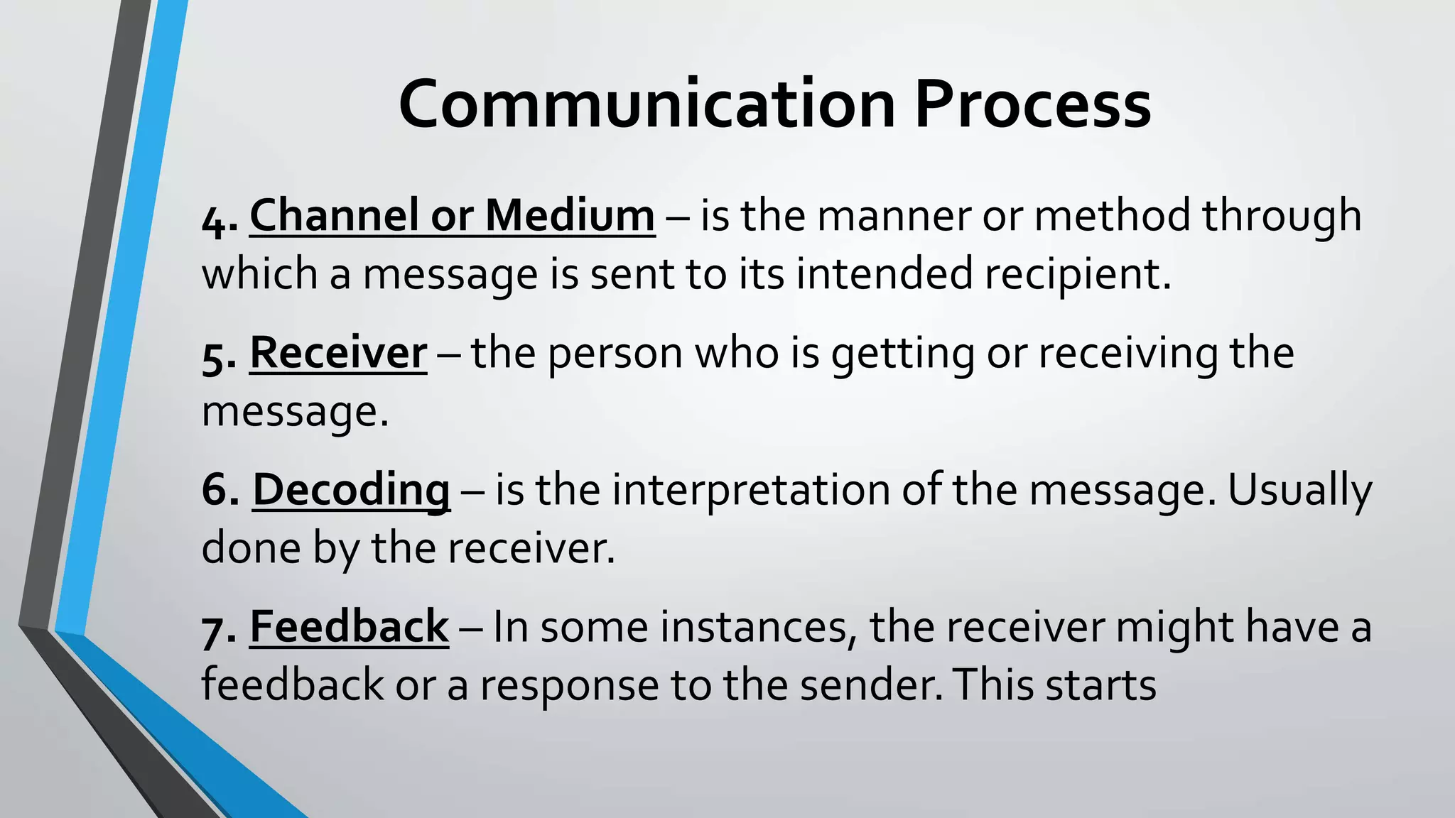 Communication Process
4. Channel or Medium – is the manner or method through
which a message is sent to its intended recipient.
5. Receiver – the person who is getting or receiving the
message.
6. Decoding – is the interpretation of the message. Usually
done by the receiver.
7. Feedback – In some instances, the receiver might have a
feedback or a response to the sender.This starts
 