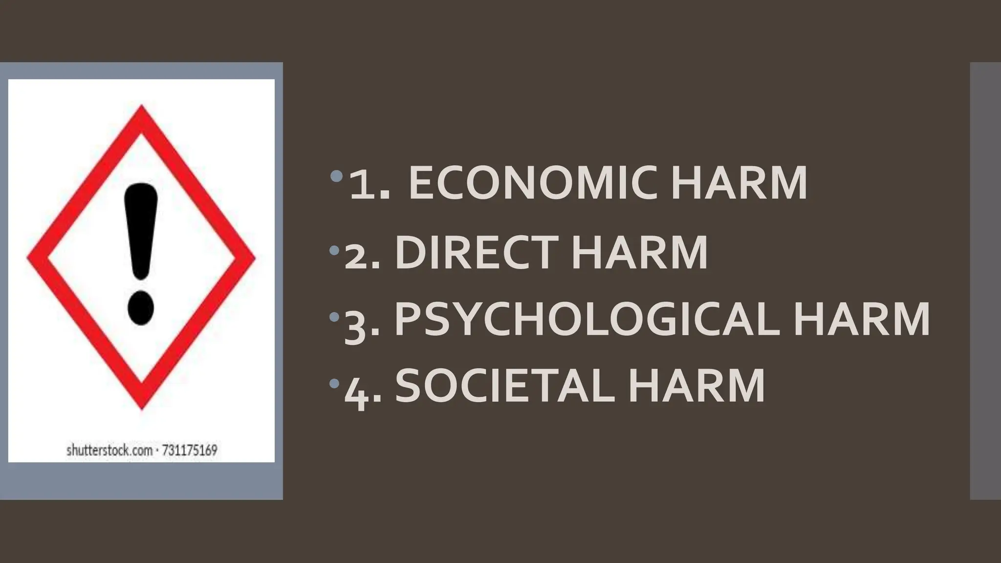1. ECONOMIC HARM
2. DIRECT HARM
3. PSYCHOLOGICAL HARM
4. SOCIETAL HARM
 
