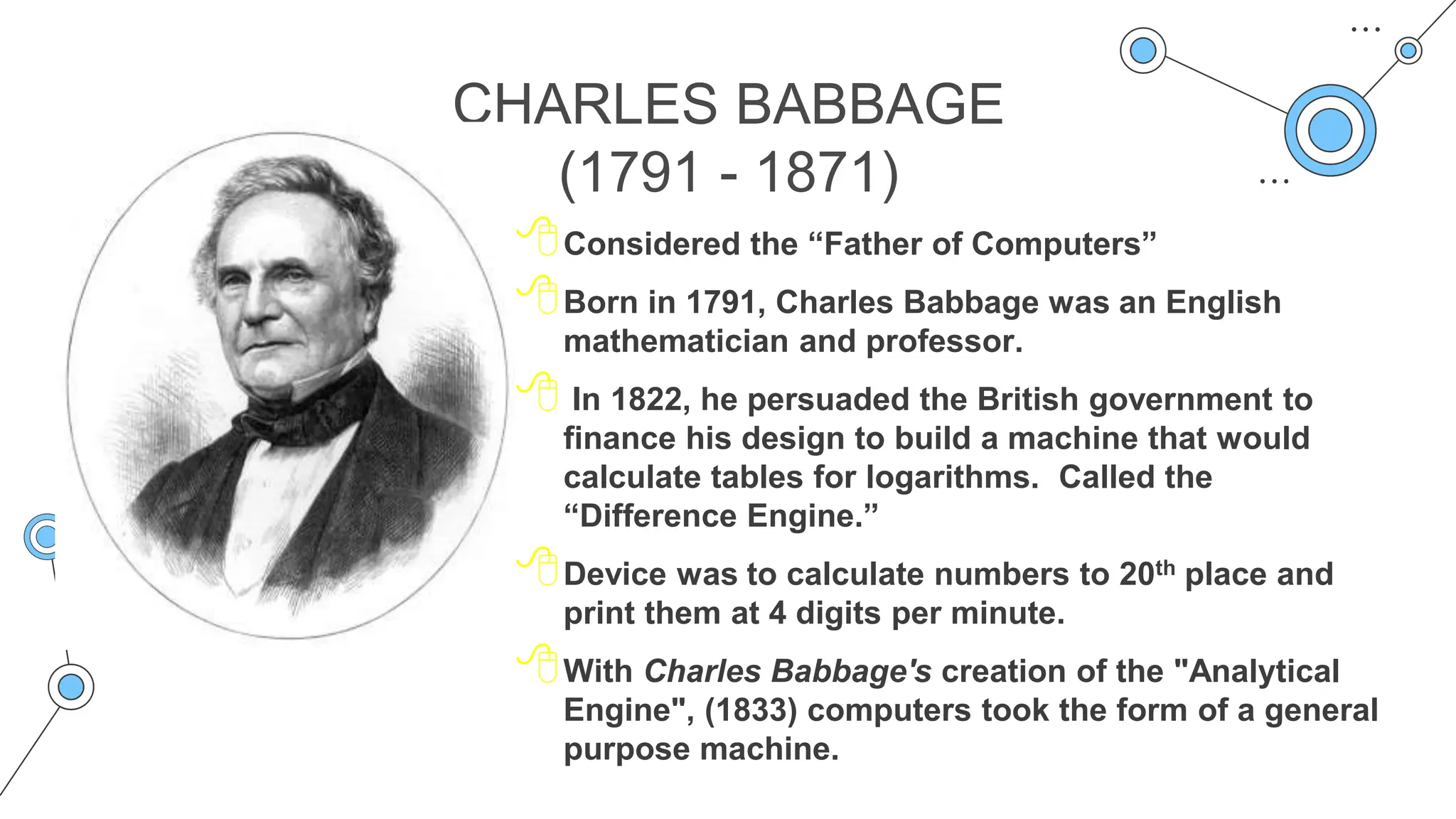 CHARLES BABBAGE
(1791 - 1871)
Considered the “Father of Computers”
Born in 1791, Charles Babbage was an English
mathematician and professor.
 In 1822, he persuaded the British government to
finance his design to build a machine that would
calculate tables for logarithms. Called the
“Difference Engine.”
Device was to calculate numbers to 20th place and
print them at 4 digits per minute.
With Charles Babbage's creation of the "Analytical
Engine", (1833) computers took the form of a general
purpose machine.
 
