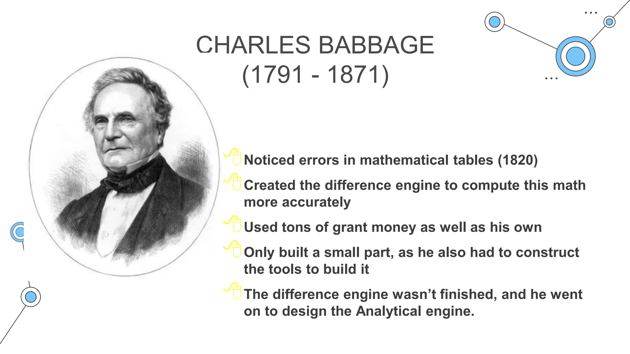 CHARLES BABBAGE
(1791 - 1871)
Noticed errors in mathematical tables (1820)
Created the difference engine to compute this math
more accurately
Used tons of grant money as well as his own
Only built a small part, as he also had to construct
the tools to build it
The difference engine wasn’t finished, and he went
on to design the Analytical engine.
 