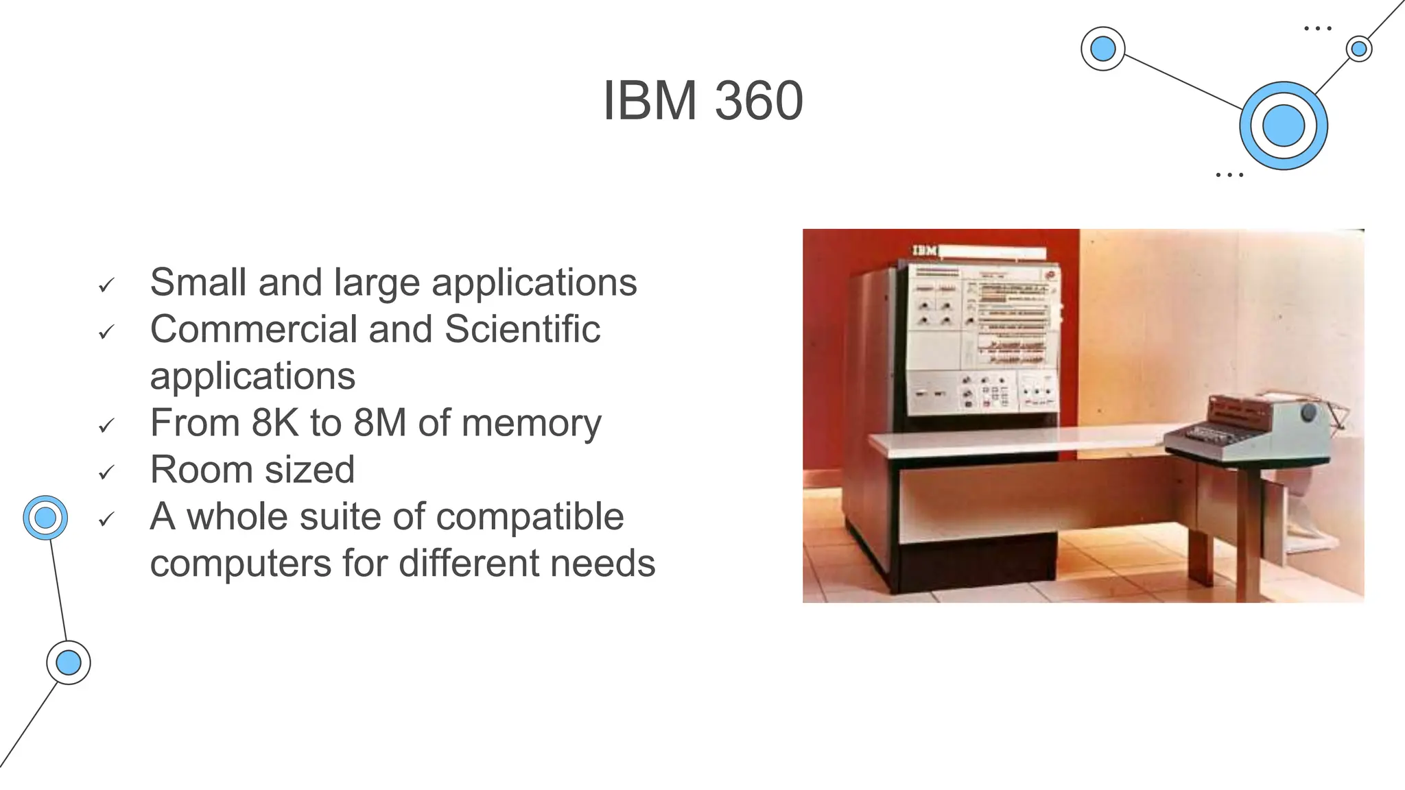 IBM 360
 Small and large applications
 Commercial and Scientific
applications
 From 8K to 8M of memory
 Room sized
 A whole suite of compatible
computers for different needs
 