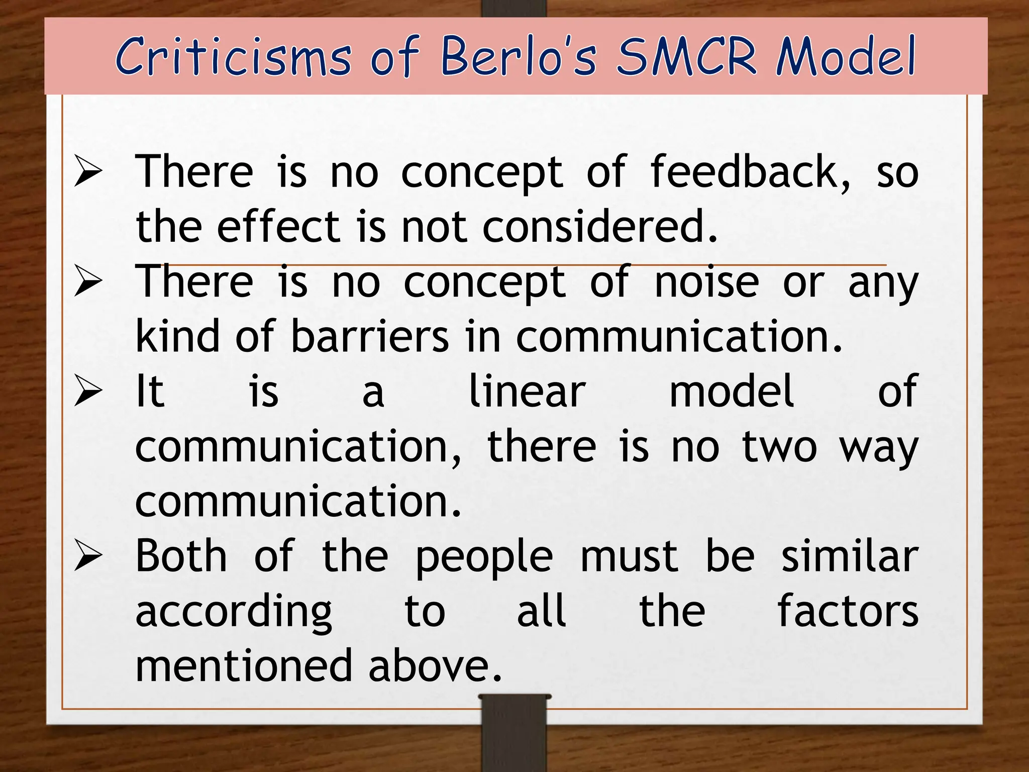  There is no concept of feedback, so
the effect is not considered.
 There is no concept of noise or any
kind of barriers in communication.
 It is a linear model of
communication, there is no two way
communication.
 Both of the people must be similar
according to all the factors
mentioned above.
 