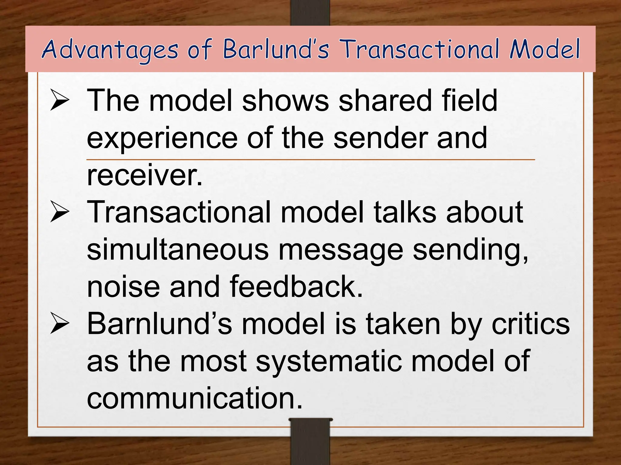  The model shows shared field
experience of the sender and
receiver.
 Transactional model talks about
simultaneous message sending,
noise and feedback.
 Barnlund’s model is taken by critics
as the most systematic model of
communication.
 